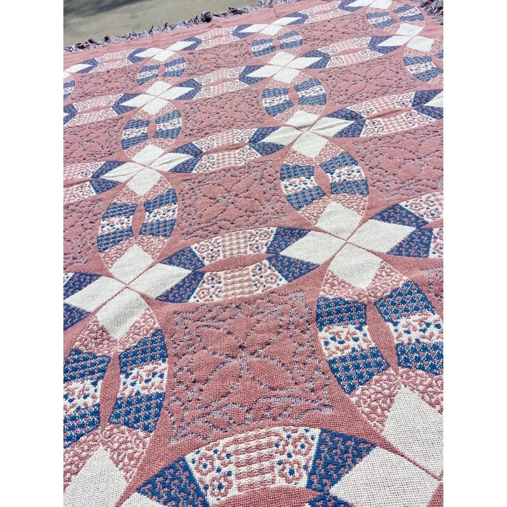 Goodwin Weavers Double Wedding Ring Woven Throw Blanket Reversible Pink Blue 70